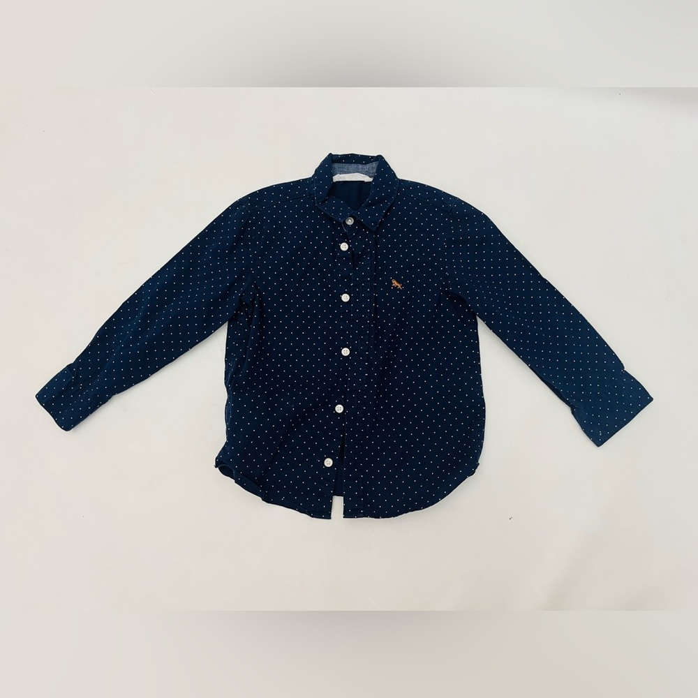 H&M boys size 4T navy blue long sleeve button up with white polka dots